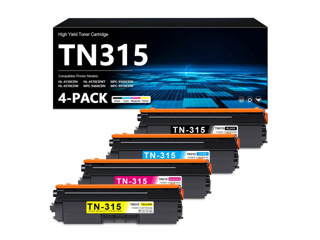 TN315 Toner Cartridge High Yield 4-Pack TN-315 BK/C/M/Y Toner HL-4570CDW Replacement for Brother TN315 TN310 Compatible with HL-4140CN HL-4150CDN...