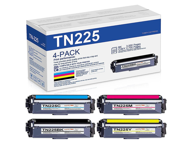 TN225 Toner Cartridge (4-Pack, BK/C/M/Y) Replacement for Brother TN225/TN221 for MFC-9130CW HL-3140CW HL-3170CDW HL-3180CDW MFC-9330CDW MFC-9340CDW...