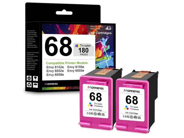 68 Tri-Color Ink Cartridges 2-Pack - Replacement for HP 68XL 68 Ink for Envy 6555e 6155e 6152e 6552e 6558e Printers High Yield Ink