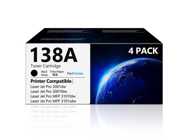 138A Black Toner Cartridges 4 Pack with Latest Chip Replacement for HP 138A W1380A 138X W1380X Black Toner Compatible with HP Laser Jet Pro 3001dw...