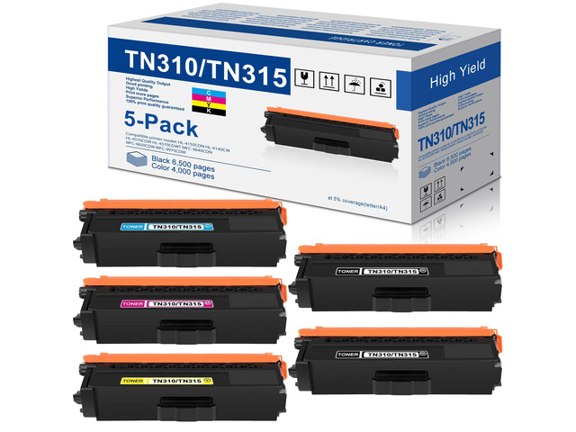 TN-315 TN310 Toner Cartridge High Capacity Replacement for Brother TN315 Toner for HL-4150CDN 4570CDW MFC-9970CDW 9640CDN 9650CDW Printer (5-Pack,...