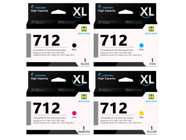 712XL 712 Ink Cartridge Bundle 4 Pack (80ML/Black, 29ML/Cyan Magenta Yellow): 712 High Capacity Ink Cartridges Replacement for HP DesignJet T650...