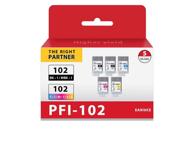 PFI-102 5-Color Ink Tank (5PK, Matte Black/Black/Cyan/Magenta/Yellow) - Eaxi Compatible PFI-102MBK PFI-102BK PFI-102C PFI-102M PFI-102Y Replacement...