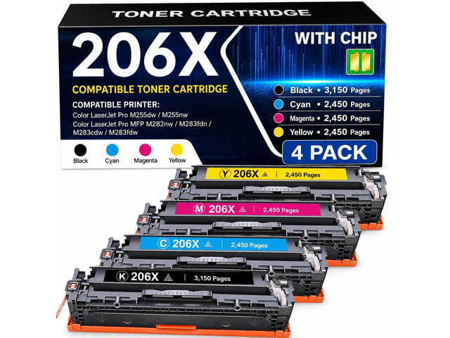 206X Toner Cartridges 4 Pack High Yield (with Chip) Compatible for HP 206X W2110X HP 206A Toner for Color LaserJet MFP M283fdw M283cdw M283 Pro...