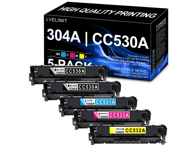 304A 2Black, Cyan, Magenta, Yellow Toner Cartridge(5-Pack) Replacement for HP 304A 304X CC530A Toner Works with Color CM2320 MFP, Color CP2025...