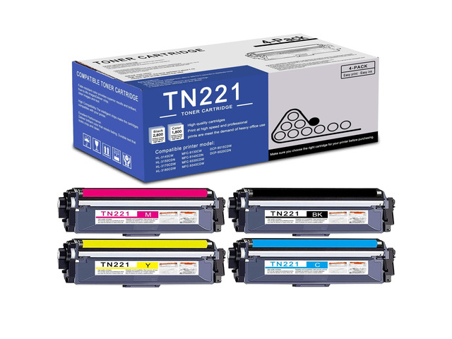 4 Pack TN221 BK/C/M/Y Toner Cartridge High Yield Compatible Replacement for Brother HL-3140CW 3150CDN 3170CDW MFC-9130CW 9140CDN 9340CDW...