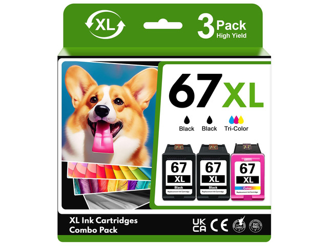 67XL Ink Cartridge Black Color Combo Pack (3-Pack, 2Black/1Tricolor) Replacement for HP 67 67XL Ink Cartridge for Envy 6000e 6400e 6455e 6458e...