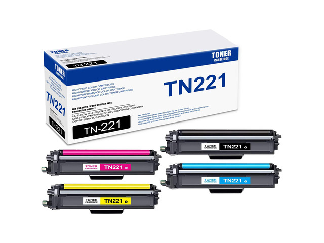 4 Pack TN221 BK/C/M/Y Toner Cartridge, Compatible for Brother TN221 TN-221 Toner Replacement for HL-3140CW 3150CDN 3170CDW 3180CDW MFC-9130CW...