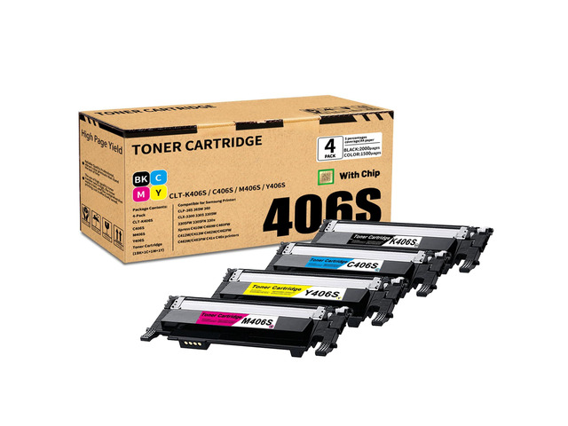 4 Pack BK/C/M/Y CLT-K406S C406S M406S Y406S Toner Cartridge, Compatible for Samsung CLP-365 365W 360 Xpress C410W Printer