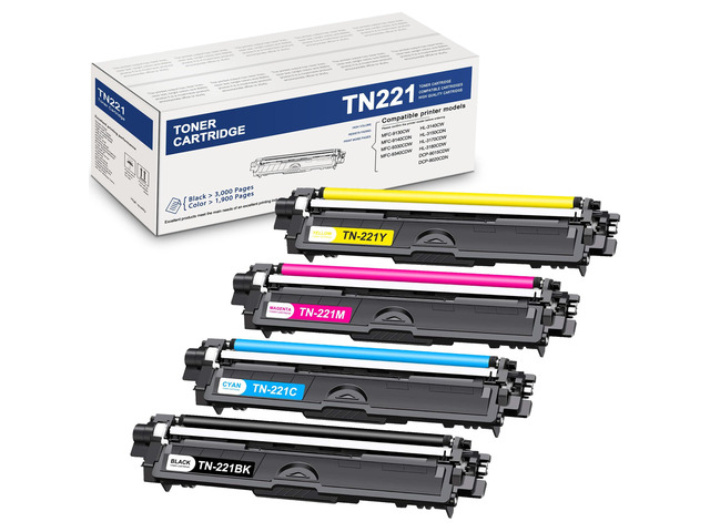 TN221BK, TN221C, TN221M, TN221Y 4-Color Toner Cartridge Set, 4 Pack TN221 Black Cyan Magenta Yellow Replacement for Brother TN-221 TN-225 Toner...
