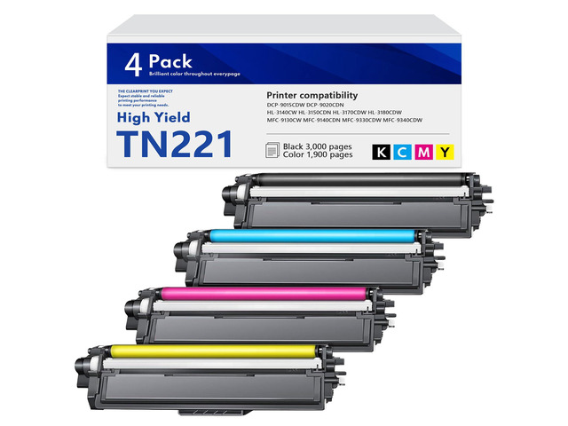 TN-221 Toner Cartridges 4 Pack TN221BK TN221C TN221M TN221Y Replacement for Brother TN225 TN221 4-Color Toner Cartridge Set Works with MFC-9340CDW...