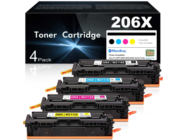 206X Toner Cartridges 4 Pack High Yield with Chip Replacement for HP 206X Toner for Color MFP m283fdw M283cdw M283fdn M255nw M255dw M255dn M282nw...