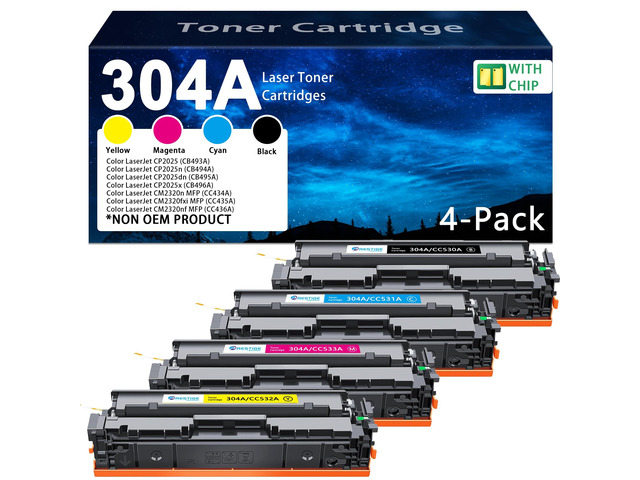 304A Toner Cartridge (4 Pack) Remanufactured with Chip Replacement for HP 304A Color for Laser Jet CP2025 CP2025n CP2025dn CP2025x CM2320n...