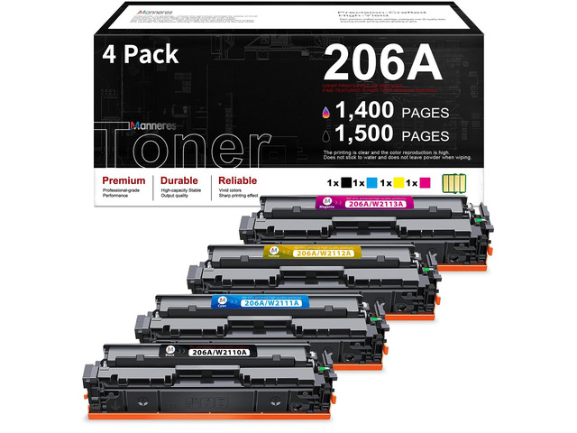 206A Toner Cartridge 4 Pack with Chip Replacement for HP 206A W2110A Works for Pro M255dw M255nw MFP M282nw M283 Series Printers Black Cyan Yellow...