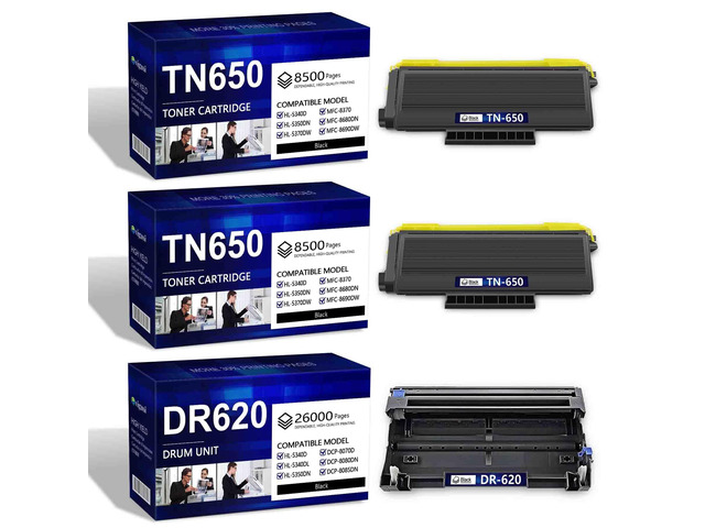 TN650 Toner Cartridge 2 Pack Black High Yield and DR620 Drum Unit Replacement for Brother TN-620 TN-650 Toner Compatible with HL-5370DW 5250DN...