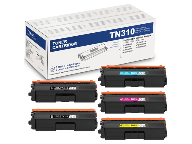 TN310 Toner Cartridge: 5-Pack 2Black/Cyan/Magenta/Yellow Replacement for Brother TN-310 for HL-L8350CDW HL-4150CDN MFC-L8850CDW MFC-9970CDW...