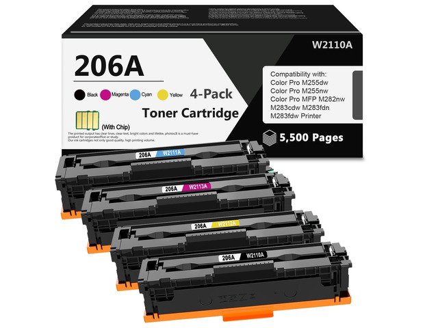 206A Toner Cartridges with Chip, 4-Pack(Black/Cyan/Magenta/Yellow) Replacement for HP 206A Toner Cartridges use for Laser Pro M255dw M255nw Color...