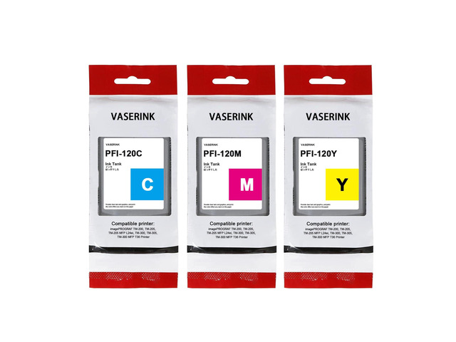 PFI120 130-ml Ink Tank (3-Pack, Cyan, Magenta, Yellow) VASRINK Compatible PFI120C PFI120M PFI120Y Replacement for Canon TM-205 TM-300 TM-305 Printer