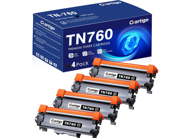 TN760 Black High Yield Toner Cartridge 4 Pack Replacement for TN-760 TN 760 Compatible with Brother MFC-L2710DW MFC-L2750DW HL-L2350DW HL-L2370DW...