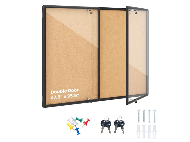 Enclosed Bulletin Board, 47.5 x 35.5 Lockable Cork Notice Board with Aluminum Frame, Felt Surface, Outdoor Weather-Resistant Wall Mounted Display...