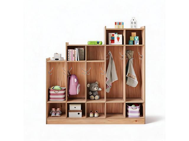 5-Section Kids Coat Locker with 9 Cubbies, 10 Hanging Hooks, Wooden Classroom Daycare Storage Organizer, Freestanding Cubby Cabinet for Home,...