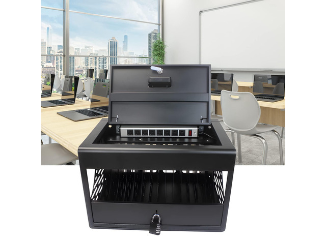 16 Device Charging Cart - Portable Table Top Charging and Storage Cabinet for iPads, Tablets, Chromebooks and Laptop Computers with Lock, Surge...
