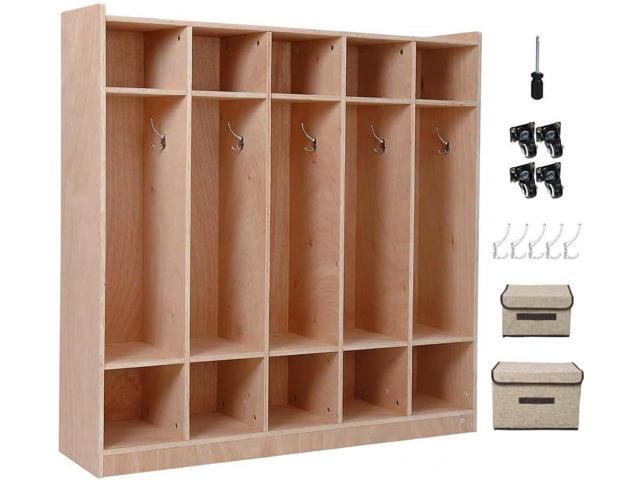 Wooden Kids Coat Locker Cabinet 5-Section, Classroom Daycare Preschool Storage Locker with 10 Cubbies, 5 Hooks, 2 Bins, 4 Rolling Casters &...
