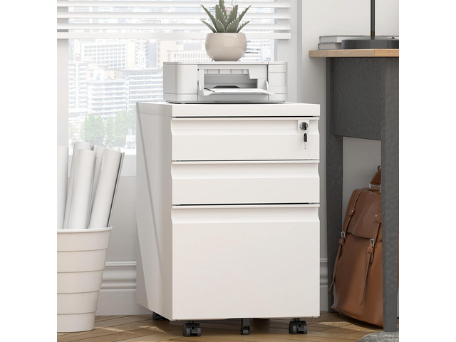 3 Drawer File Cabinet, Metal Printer Stand with Roling Caster, Under Desk Storage for Home Office, File Cabinet with Lock, No Assembly Required, White