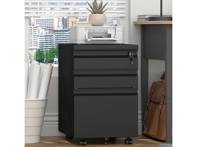 Filing Cabinets for Home Office, Printer Table with Caster, Lockable Office Cabinet with 3 Drawer, Small File Cabinet for Letters/A4, No Assembly...