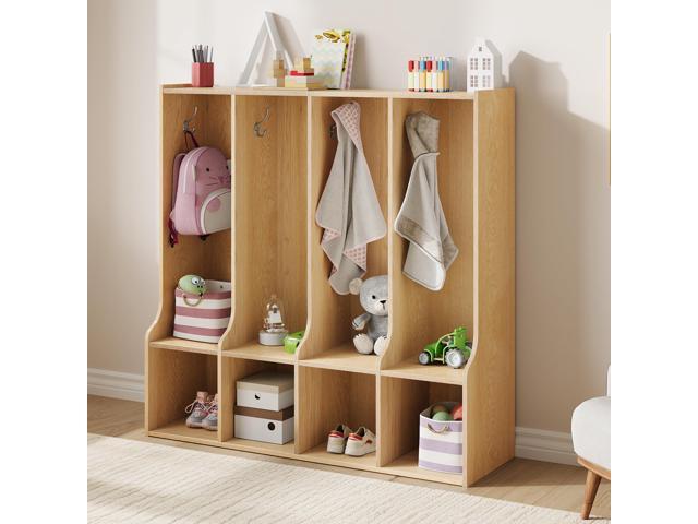4-Section Classroom Coat Locker with 4 Cubbies, Cubby Storage Organizer with 8 Hooks for Home, School, Nursery, Kindergarten, Natural Oak