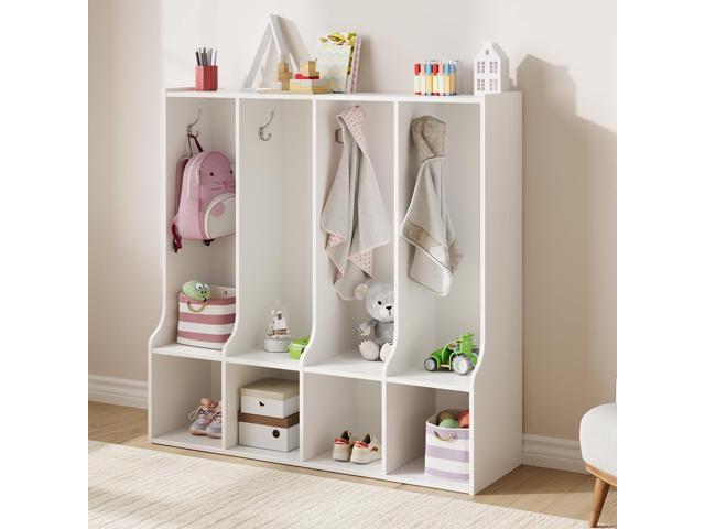 4-Section Classroom Coat Locker with 4 Cubbies, Cubby Storage Organizer with 8 Hooks for Home, School, Nursery, Kindergarten, White