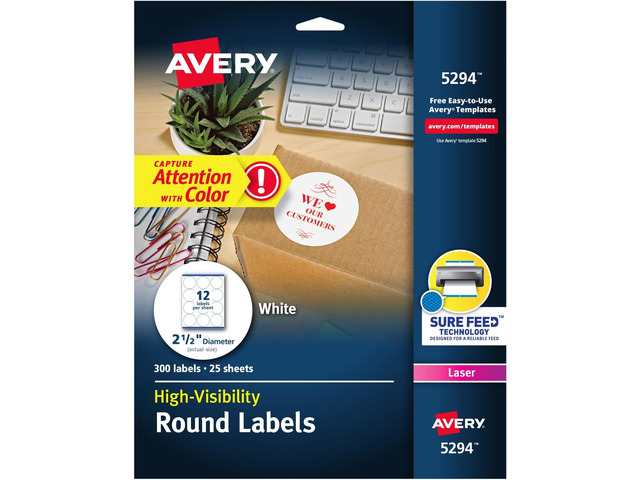 Round Printable Labels, 2.5' Diameter, Matte White, Sure Feed Technology, Laser & Inkjet Compatible, 300 Blank Labels, Great for Branding,...