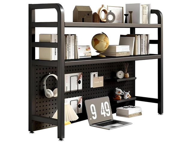 2 Layer Desktop Bookshelf for Computer - Multipurpose Metal Hutch Shelf, Wrought Iron Bookcase for Office Supplies Organizer (Black)