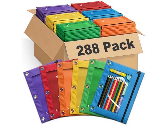 288 Pack Bulk 3-Holes Zipper Pencil Pouches for 3 Ring Binder Sturdy Cloth Pencil Case, Durable, Clear Window, Office, School and College Supplies