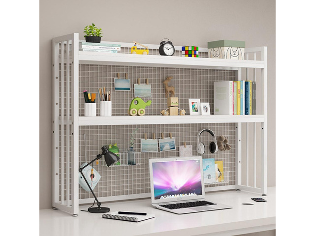 Wood Desk Hutch Bookshelf with Metal Grid, Desktop Bookcase with Adjustable Height Tabletop Shelf Organizer Rack with Large Capacity White for...