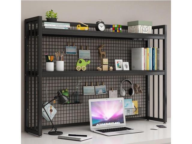 Desk Hutch Bookshelf with Adjustable Height, Desktop Book Shelf with Metal Grid Tabletop Display Shelf Organizer with Large Capacity Black for Home.