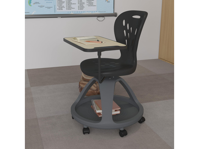 Black Mobile Desk Chair - 360° Tablet Rotation and Storage Cubby