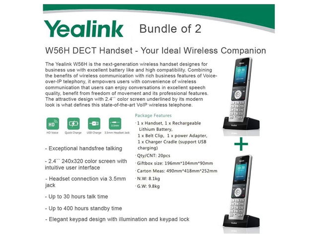 W56H Bundle of 2 IP DECT VoIP Phone Handset, HD Voice, Quick Charge