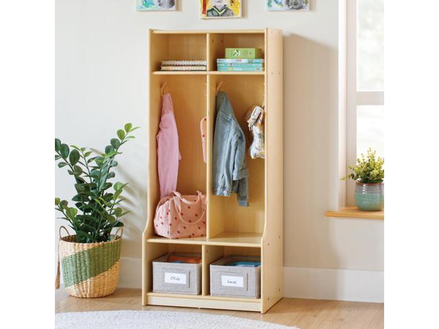EdQ 2-Section Wooden Storage Locker with Bench Seat for Classroom, Kids Cubby Organizer with Shelves and Hooks for Coats, Divided Playroom Storage.
