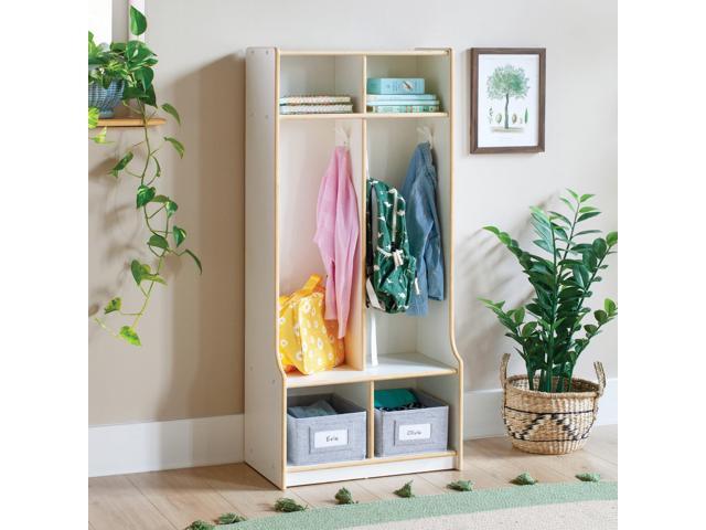 EdQ 2-Section Wooden Storage Locker with Bench Seat for Classroom, Kids White Cubby Organizer with Shelves and Hooks for Coats, Divided Playroom...