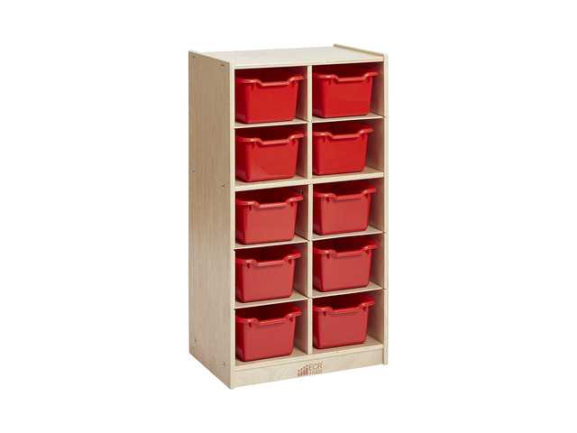 10 Cubby Mobile Tray Cabinet and 10 Scoop Front Bins, 5x2, Kids Furniture, Red