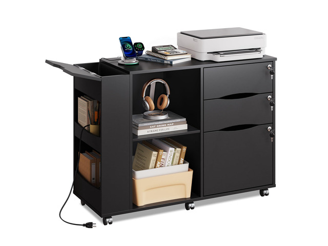 3 Drawer Lateral Rolling File Cabinet with Lock (Black) Wood, Charging Station, Open Storage Shelves, Letter & A4 Files, Printer Stand, Home Office