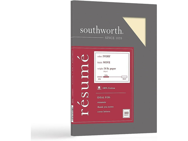 100% Cotton Résumé Paper, 8 1/2' x 11', 24 Lb, 100% Recycled, Ivory, 100 Count (Pack of 12)