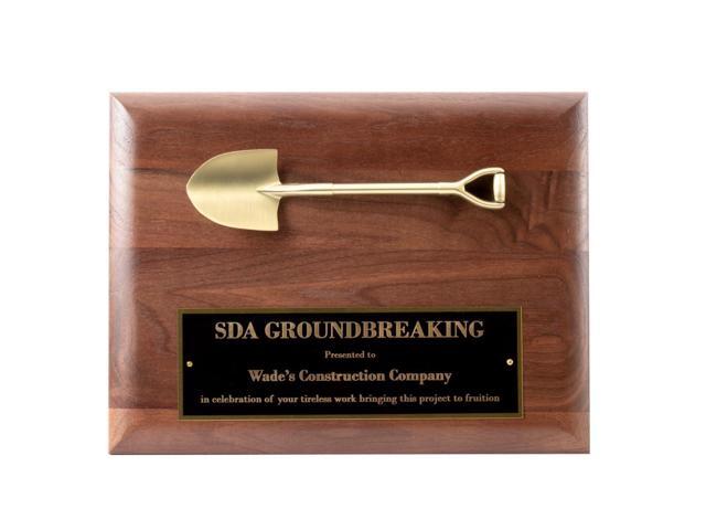 Walnut Gold Shovel Construction & Groundbreaking Plaque Free Engraving, 9' x 12', Solid American Walnut with Satin Finish, Heavy Weight Metal.