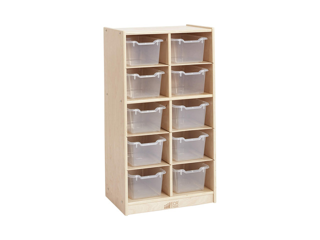 10 Cubby Tray Cabinet with Scoop Front Storage Bins, 5x2, Natural, Classroom Furniture, Clear