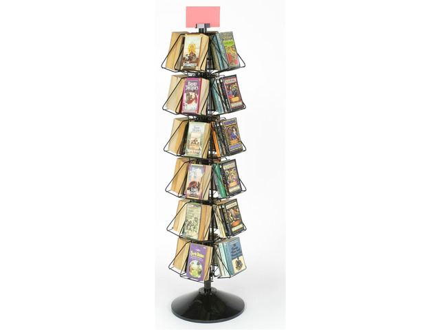 Rotating Book Display Rack, Floor Standing Wire Spinner Rack with 24 Pockets for Small Books, Comics or DVDs, 360 Degree Book Rack with Sign Holder...