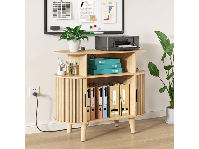 Round Printer Stand with Charging Station & USB Ports, 35.4 x15.7 x 30 Inches Large Printer Table 3 Tier with Storage Shelf for Home Office (Oak)