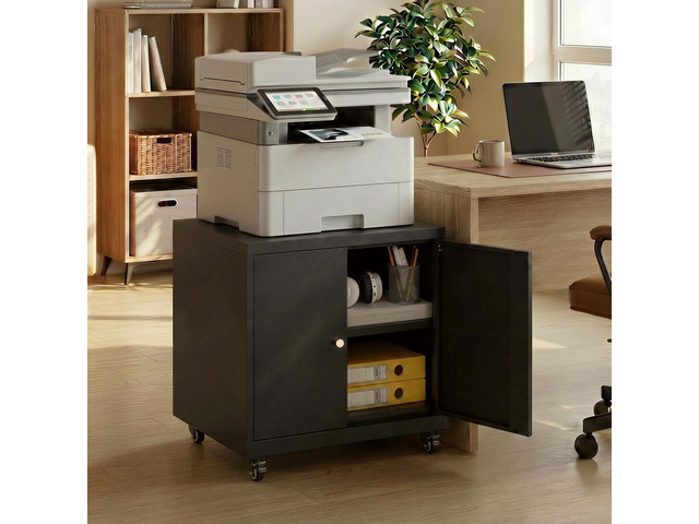 23.6 H Metal Printer Stand with Storage Cabinet & Wheels, Heavy Duty Rolling Printer Cart with Adjustable Shelf, Large Printer Table for Home...