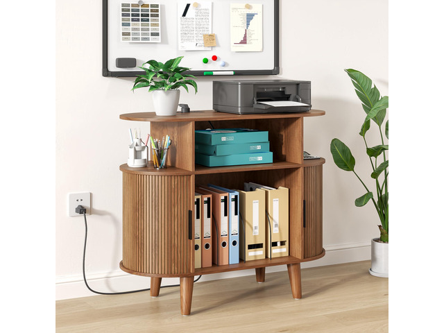 Round Printer Stand with Charging Station & USB Ports, 35.4 x15.7 x 30 Inches Large Printer Table 3 Tier with Storage Shelf for Home Office (Walnut)