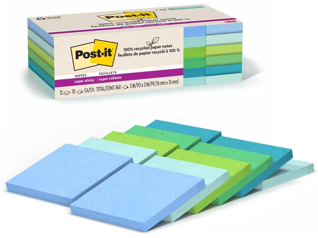 100% Recycled Paper Super Sticky Notes, 3 in. x 3 in., 12 Pads, 70 Sheets per Pad, Oasis Collection, School Supplies and Office Products (Pack of 12)